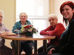 From left: Rebecca Lee, 13, Margaret Case, Gay Sebo, Analesia Visser, and Kelsey McMann, 16, at Spruce View Lodge on April 23. Celia Ste Croix | Whitecourt Star