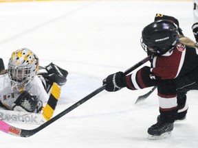 Makayla Beuerman, goalie with the Mitchell Atom girls hockey team, watches as the puck slides past the open net during playoff action against South Huron last Tuesday, March 10. The Meteors lost 2-1 but rebounded to defeat the same team the next night, 5-0. ANDY BADER/MITCHELL ADVOCATE