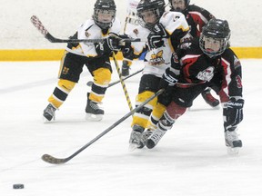 Ben Medhurst (left) of the Mitchell Novice LL 2 team tangles with Goderich’s Jacob Duckworth (3) during playoff action in Mitchell last Tuesday, March 10. ANDY BADER/MITCHELL ADVOCATE