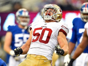Chris Borland of the San Francisco 49ers celebrates after a tackle against the New York Giants in the fourth quarter at MetLife Stadium on November 16, 2014. (Al Bello/Getty Images/AFP)