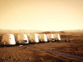 Handout photo obtained on June 21, 2012 from Mars One shows an artist's rendition of a settlement on Mars. As the world marvels at the latest US Mars landing, a Dutch start-up is aiming to beat NASA at its own game by sending the first humans to the red planet and film all as a reality show. The start-up team called "Mars One" says it is serious about landing four astronauts on Mars by 2023, seven years ahead of the US space agency's target, and plans to start the search for volunteers next year. 
AFP PHOTO / MARS ONE