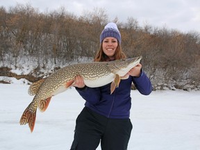 Ashley Rae with her first Saskatchewan northern pike, measuring at 43.5 inches with a 20-inch girth. The fish was released. (Supplied photo)