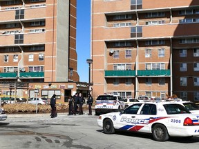 Police at the scene of a shooting on the afternoon of Tuesday, March 17, 2015 at 2063 Islington Ave. (Pascal Marchand photo)