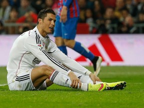 Real Madrid's Cristiano Ronaldo reacts during their Spanish First Division soccer match against Levante at Santiago Bernabeu stadium in Madrid on March 15, 2015. (ANDREA COMAS/Reuters)