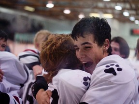 The Pincher Creek Huskies celebrate following their SPUD League championship victory over the Bow Island Rebels 6-2. Greg Cowan photos/Pincher Creek Echo.