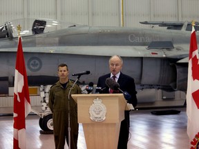 Minister of Defence Rob Nicholson speaks to media 4 Wing Cold Lake on Tuesday, October 21, 2014. The Canadian Armed Forces are providing six fighter jets from Cold Lake to lend a hand in the fight against ISIS in Iraq. TREVOR ROBB/QMI AGENCY