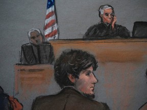 A courtroom sketch shows accused Boston Marathon bomber Dzhokhar Tsarnaev (C) and and Judge George O'Toole (top) in court on the second day of Tsarnaev's trial at the federal courthouse in Boston, Massachusetts March 5, 2015. Tsarnaev, 21, has admitted through his attorneys that he and his older brother carried out the April 15, 2013, bombing that killed three people and injured 264. REUTERS/Jane Flavell Collins