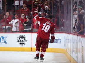 Shane Doan of the Phoenix Coyotes waves to fans as he skates off the ice following the NHL game against the Dallas Stars at Jobing.com Arena on April 13, 2014. (Christian Petersen/Getty Images/AFP)