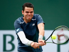 Milos Raonic of Canada in action against Tommy Robredo of Spain during the BNP Paribas Open March 18, 2015 in Indian Wells, Calif. (Julian Finney/Getty Images/AFP)