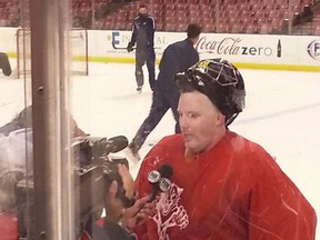 St. Thomas native Dave MacDonald is interviewed at a fan contest that offered the chance to be Florida Panthers back-up goalie for a day. (Contributed)