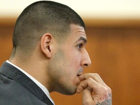 Former New England Patriots football player Aaron Hernandez looks on during his murder trial Mar. 19. (REUTERS/Steven Senne)