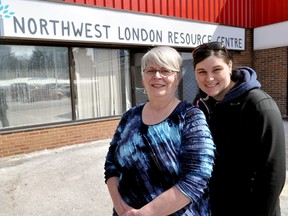 Northwest London Resource Centre volunteer Connie Zolotar and executive director Rachelle Coleman stand outside their new location at Sherwood Forest Mall in London Ont. March 19, 2015. CHRIS MONTANINI\LONDONER\QMI AGENCY