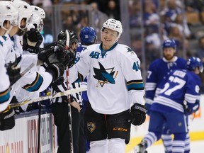 Tomas Hertl of the San Jose Sharks celebrates his goal against the Toronto Maple Leafs on March 19, 2015. (STAN BEHAL/Toronto Sun)