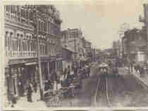 King Street looking east from the upper bend circa 1887. The Scott store is at the extreme left.