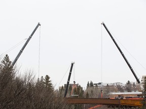 The 102 Bridge construction site over Groat Road is seen in Edmonton, Alta., on Thursday, March 19, 2015. Four steel girders twisted during installation overnight on March 16 extending traffic closures on Groat Road. Ian Kucerak/Edmonton Sun/ QMI Agency