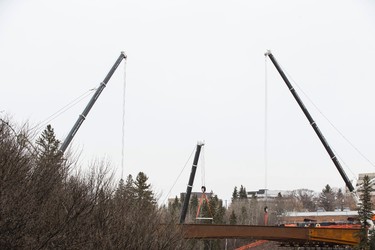 The 102 Bridge construction site over Groat Road is seen in Edmonton, Alta., on Thursday, March 19, 2015. Four steel girders twisted during installation overnight on March 16 extending traffic closures on Groat Road. Ian Kucerak/Edmonton Sun/ QMI Agency