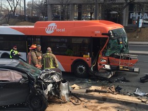 A Mississauga Transit bus and an SUV collided near Islington Ave. and Bloor St. on Friday, March 20, 2015. (DAVE THOMAS/Toronto Sun)