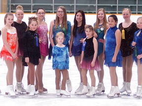 Wallaceburg Skating Club skaters participated in the Futures-West Invitational Skating Competition held Wallaceburg Memorial Arena on March 7.  Back row, right to left, Kayla Waller, Morissa Ewing, Stephanie Brown, Laura Jane Eagleson, Hannah Petranik, Abbey Knight and Destiny Hache. Front row, right to left, Rhyan Hull. Leann Burgess, Sadie Martin, Ryan VanDamme, Kylee Mahoney and Hope Ewing. Absent from picture are Hailey Joa, Alyssa Fraleigh, Jillian Anderson, Abby O'Brien, Clair Hansen and Cameron Hull.