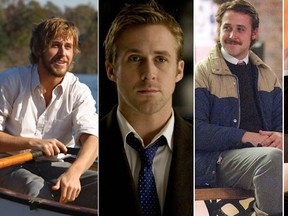 (L to R) Ryan Gosling in The Notebook, The Ides of March, Lars and the Real Girl and Crazy, Stupid, Love.