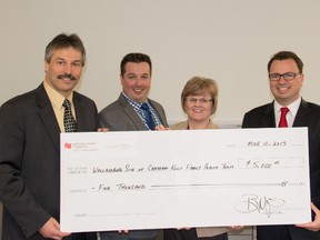 Submitted photo; National Bank Financial recently made a donation of $5,000 to the Chatham-Kent Family Health Team. Making the donation are, left to right, Robert Watson, vice president and branch manager, National Bank Financial and chair CKFHT; Adam Watson, portfolio manager, National Bank Financial; Laura Johnson, executive director, CKFHT; and Brian Mills, vice president and regional manager, National Bank Financial. Last year, the Wallaceburg Site of the Chatham-Kent Family Health Team underwent renovations to accommodate three new doctors to practice at the site. These three doctors are now working in Wallaceburg and are readily taking patients at the Wallaceburg, McNaughton Avenue location of the Chatham-Kent Family Health Team. Improvements and simplifications to the doctor registration process have now been finalized. If you would like to have a doctor in Wallaceburg, please walk into the Wallaceburg Site of the Chatham-Kent Family Health Team during office hours and ask to sign up with one of our doctors taking patients. A special sign-up day will be scheduled near the end of March where there will opportunities to meet the doctors and tour the facility.