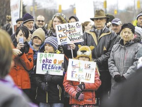Protesters showed up across Canada, including this group outside of the office of Barrie MP Patrick Brown, on March 14 to object to Bill C-51, the proposed anti-terrorism legislation. (Zach MacPherson photo, Special to QMI Agency)