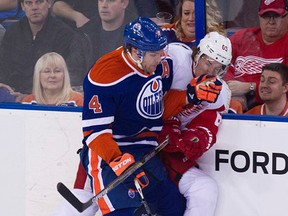 Taylor Hall, shown here in a game against Detroit in January, has been out of the lineup since shortly after the All-Star break. (David Bloom, Edmonton Sun)