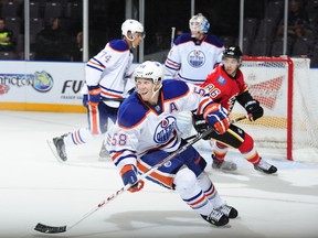 Andrew Miller, shown here in a preseason prospects game, is leading the Oklahoma City Barons in scoring this season. (QMI Agency)