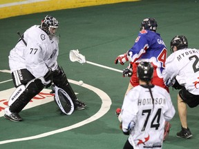 Rock transition man Jesse Gamble, shown in earlier action against the Edmonton Rush, returns on Saturday following an injury. (QMI AGENCY/PHOTO)