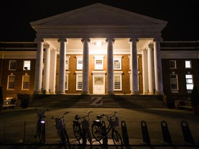 Lights illuminate a building of University of Virginia School of Medicine on March 19, 2015 in Charlottsville, Virginia.   Zach Gibson/Getty Images/AFP
