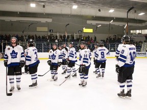 The London Nationals raise their sticks in a salute to their fans after losing Game 6 of their GOJHL semifinal 5-2 to the Leamington Flyers at the Western Fair Sports Centre on Friday night. The Nationals stirring playoff run came to an end as they lost the series 4-2. (CRAIG GLOVER, The London Free Press)