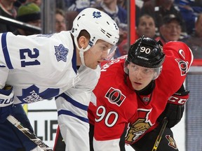 Alex Chiasson of the Ottawa Senators prepares for a faceoff against the Leafs' James van Riemsdyk in the second period at Canadian Tire Centre on Jan. 21, 2015 in Ottawa. (Jana Chytilova/Freestyle Photography/Getty Images/AFP)