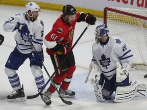 Ottawa Senators' Mark Stone celebrates a second-period goal against the Maple Leafs on Saturday night at the Canadian Tire Centre in Ottawa. (Tony Caldwell/QMI Agency)