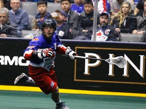 Toronto Rock’s Rob Hellyer races down the wing with the ball during Saturday's at the ACC. (Michael Peake/Toronto Sun)