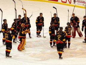 The Bulls raise their sticks in salute after Saturday night's game at Yardmen Arena.