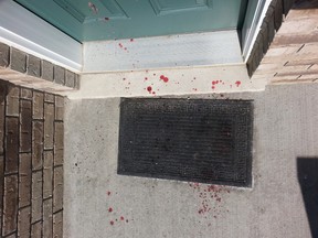Spattered blood stains mark the steps of a Meadowhawk Cr. home in south Barrhaven -- one of many where an injured 17-year-old boy tied to wake neighbours after being slashed in the face down the street.
DOUG HEMPSTEAD/Ottawa Sun/QMI AGENCY