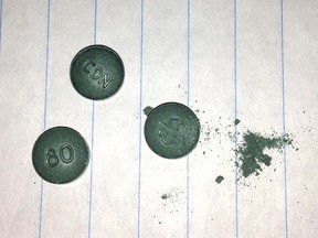 Photo shows, illicit fentanyl, referred to as “greenies” when sold on the street. Alberta RCMP, Alberta Health Services and the Office of the Chief Medical Examiner are concerned about the illicit use of fentanyl in Alberta.