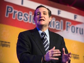 Senator Ted Cruz (R-TX) addresses the International Association of Firefighters delegates at IAFF Presidential Forum in Washington, in this March 10, 2015, file photo. Cruz will announce his plan to seek the Republican presidential nomination on Monday, a Cruz aide told Reuters on March 22, 2015.  REUTERS/Joshua Roberts/Files