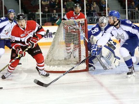 Ottawa 67's forward Dante Salituro moves the puck during the first period of Sunday's game against the Sudbury Wolves at TD Place (Chris Hofley/Ottawa Sun)