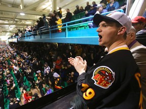 Belleville Bulls fan Jon Herd, wearing a Jonathan Cheechoo Bulls jersey, cheers and applauds with the rest of the 3,722 fans in Yardmen Arena in Belleville, Ont. after the team's farewell slideshow Saturday, March 21, 2015. "It's so hard to believe they're gone," said Herd.
