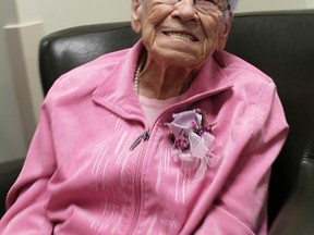 Donalda Stothers turns 100 years old Monday. Her family threw a birthday celebration for her at Vision Nursing Home in Sarnia Sunday. TYLER KULA/ THE OBSERVER/ QMI AGENCY