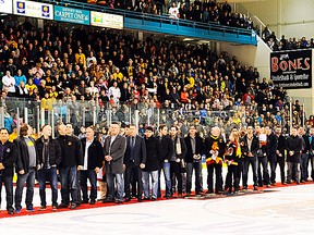 Belleville Bulls alumni receive a pre-game ovation from fans attending Saturday's final regular season OHL game at Yardmen Arena. (Aaron Bell/OHL Images)