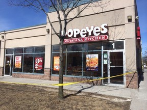 A teen suffering from stab wounds entered this fast-food restaurant on Thorncliffe Park Dr. on Monday, March 23, 2015. (CRAIG ROBERTSON/Toronto Sun)