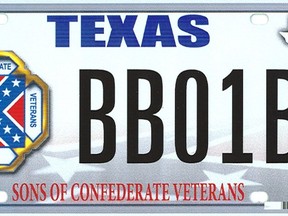 The design of a proposed "Sons of the Confederacy" Texas state license plate is shown in this handout illustration provided by the Texas Department of Motor Vehicles March 20, 2015.  The U.S. Supreme Court on Monday takes up a free speech case on whether Texas was wrong in rejecting a specialty vehicle license plate displaying the Confederate flag - to some an emblem of Southern pride and to others a symbol of racism.  REUTERS/Texas Department of Motor Vehicles/Handout via Reuters