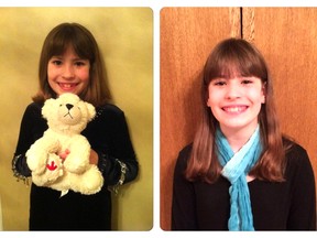 Maggie Sanders holds a stuffed animal given to her by a good friend to bring comfort as she navigated hospitals, therapy and daily injections after her diagnosis of juvenile arthritis. The photo on the right shows Maggie today, three years after her diagnosis and currently symptom-free. (Arthritis Society Photo)