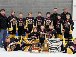 Winning their WOAA Neilson Division were the Mitchell Atom AE’s, and included (back row, left to right): Jeff Marshall (manager), Evan MacArthur, Daniel Reidy, Spencer Boyce, Damen Roobroeck, Drew Partridge, Mike Rolph (coach), Andrew Van Bakel, Colin Weir (assistant coach), Jamie Feltz. Front row (left): Austin Weir, Coulter Rolph, PJ Marshall, Xavier Lorentz, Charlie Wood. SUBMITTED