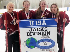 Four members of the Exeter-Seaforth U19 ‘A’ ringette team have their roots in the Mitchell minor ringette system – Claire Rocher (left), Avery Wedow, Hailey Wietersen and Emily Neubrand – and were crowned provincial champions this past weekend in Newmarket. SUBMITTED