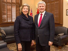 Prime Minister Stephen Harper meets with Janice Filmon, Manitoba's new lieutenant governor, at his office in Ottawa on Monday. (DEB RANSOM/PMO PHOTO)