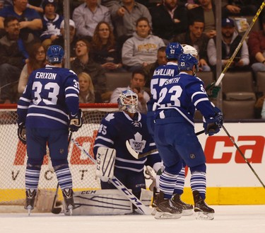 Toronto Maple Leafs� Jonathan Bernier (45) G�� looks up after being scored on in last minute of play during the first period in Toronto on Tuesday March 24, 2015. Jack Boland/Toronto Sun/QMI Agency