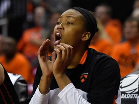 Princeton Tigers forward Leslie Robinson (centre) reacts to a play on the court against the Maryland Terrapins during the second round of the women's NCAA Tournament at Xfinity Center in College Park, MD, March 23, 2015. (Derik Hamilton-USA TODAY Sports/Reuters)