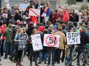 People protest against Bill C51 at City Hall in Calgary, Saturday, March 14, 2015. Mike Drew/Calgary Sun/QMI